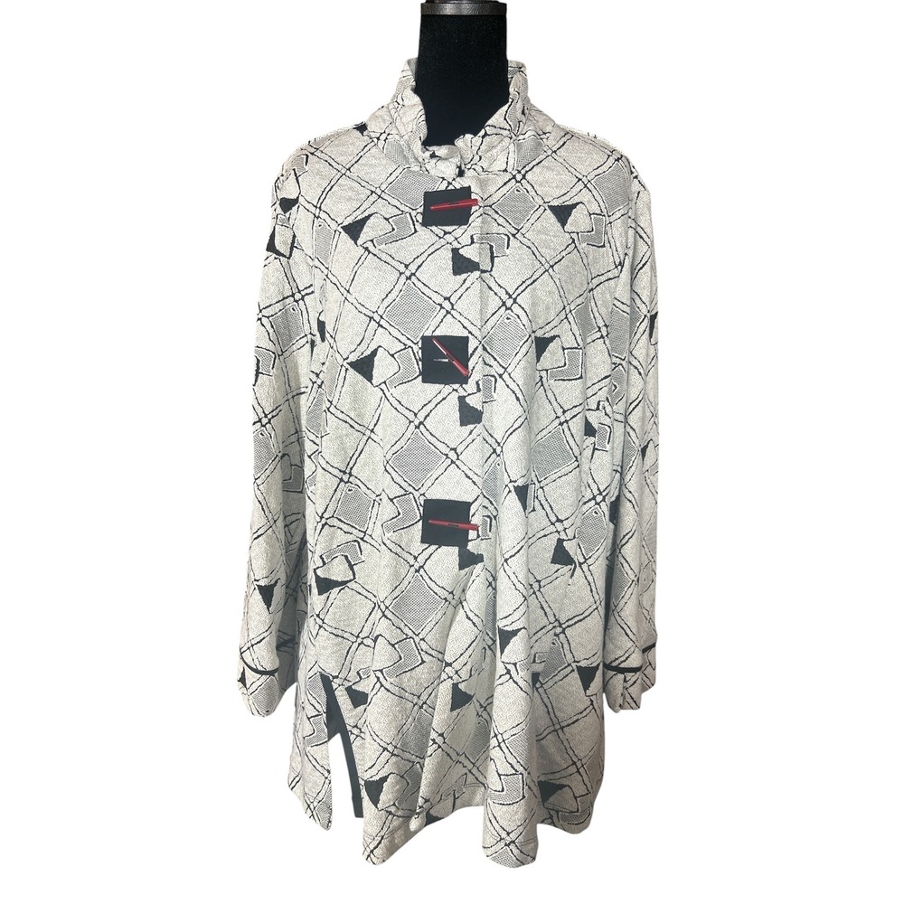 Ali Miles Black White Geometric Print Button Front Jacket Mock Neck Plus Size 1X